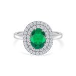 Ornate Jewels 925 Silver Oval Shape Green Emerald and American Diamond Solitaire Halo Ring for Women and Girls Wedding Jewellery