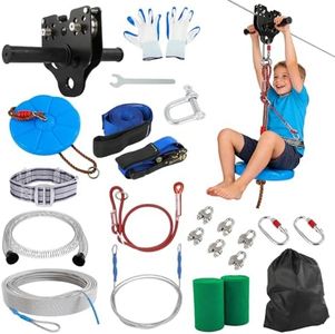 FAHKNS Zipline for Backyard Kids and Adults: 300FT Up to 400 lbs - Upgraded Quick Tightening System,Removable Trolley,Height Adjustable Thickened Seat,Outdoor Kids Play Equipment
