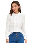 Belle Poque Women Elegant Puff Sleeves Shirt Stand Collar Vintage Stretch Lace Blouse White XL