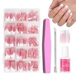 False Nails - 240 Pcs Coffin Press on Nails French Tip Nude Color False Nail Kit - Full Cover Stick on Nails Ballerina Nail Art with Nail File,Cuticle Pusher,Nail Glue