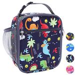FEYG Lunch Bag for Kids, Dinosaur Insulated Blue Lunch Box Snack Box with Strap & Side Mesh Pocket, for Boys Girls, Child Thermal Tote Cooler Bag Portable Leak Proof for School Picnic Outdoor or Work
