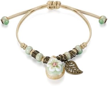 Emibele Pulsera de Cuerda con Cuentas para Mujer, Pulsera de Cuentas de Cerámica Bohemio con Colgantes de Flor & Hoja, Pulsera Hecha a Mano Étnico Joyería para Uso Diario Fiesta Picnic, Blanco/Verde