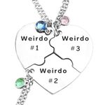 ZNTU Weirdo 1 Weirdo 2 Weirdo 3 Necklace Heart Bff Necklace for 3 Best Friend Necklaces Sister Friendship Jewelry, 23.6inch, Alloy Steel, No Gemstone