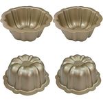 Mantouxixi 4 Pack Gold Color Mini Bundt Cake Pan, 4 Inch Nonstick Fluted Tube Cake Pans, Oven Baking Mold Metal Round Pumpkin Shaped Cake Mould for Bundtlet Bavarois Cupcake Muffin Brownie Pudding