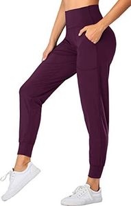 Oalka Women's Joggers High Waist Yoga Pockets Sweatpants Sport Workout Pants, Cassis, Medium