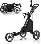 Costway 3 Wheel Golf Push Cart, Quick Folding Golf Cart, Golf Bag Holder w/Tin Foil Coated Storage Bag, Elastic Strap, Adjustable Umbrella & Cup Holder, Scoreboard Storage & Foot Brake (Grey)