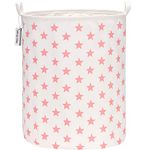 Sea Team 19.7 Inch Large Sized Waterproof Coating Ramie Cotton Fabric Folding Laundry Hamper Bucket Cylindric Burlap Canvas Storage Basket with Stylish Pink Star Design