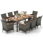 HAPPYGRILL 9 Pieces Outdoor Dining Set, Acacia Wood and Rattan Furniture Set with 1 Large Rectangular Table and 8 Chairs with Cushions, Patio Wicker Dining Table and Chairs Set