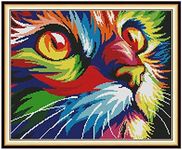 Cross Stitch Embroidery Kits for Adults Kids, WOWDECOR Animals Funny 11CT Stamped DIY DMC Needlework Easy Beginners (Colorful Cat)