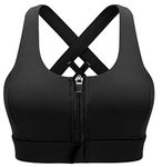 CLOUSPO Women Ladies Zip Front Post Surgery Yoga Sports Running Bra High Support Impact Crop Top Padded Cross Back(l,Black)