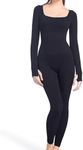 Soo slick Jumpsuits for Women Tummy Control Long Sleeve Sculpting Full Bodysuit | Square Neck Ribbed One Piece Dupes Black Medium