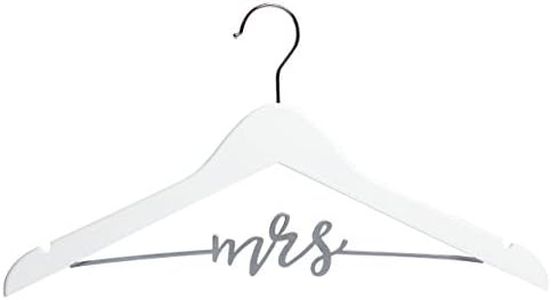 Pearhead Mrs. Wedding Dress Hanger for Bride to Be - Elegant Bridal Hanger, Ideal Keepsake for Wedding Day Photos and Gift for Bride, Wooden Hanger with Cursive Wire Lettering, White and Silver