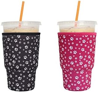 2 Pack Reusable Iced Coffee Sleeves - FRRIOTN Insulator Sleeve for Large Size Cold Beverages, Neoprene Cup Holder for Starbucks Coffee, Dunkin Coffee, More (Paw print, Large 32oz)