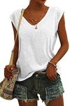 ASKSA Women V Neck Cap Sleeve T-Shirt Summer Solid Color Tank Top Casual Loose Shirts Basic Tee Tops (White,M)