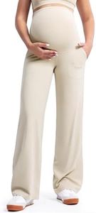 POSHDIVAH Women's Creamluxe Maternity Yoga Wide Leg Pants Petite High Waisted Pregnancy Work Dress Casual Loose Sweatpants with Pockets Light Apricot Large