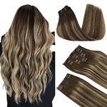 DOORES Hair Extensions Clip in Human Hair, Balayage Chocolate Brown to Honey Blonde 150g 9pcs 20 Inch, Real Human Hair Extensions Clip in Remy Hair Extensions Clip in Human Hair Thick Hair Extensions