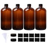 HWASHIN 4 Pack 32 oz Amber Boston Round Glass Bottles with Black Caps for Secondary Kombucha Fermentation and Lab Chemicals (1 Funnel and 10 Pieces Black Chalk Labels Included)
