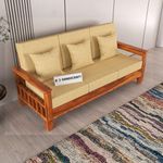 RJ HANDICRAFT Sheesham Wooden 3 Seater Sofa for Living Room | Rosewood 3 Seater Cushion Sofa with Side Newspaper Holder for Home & Office | Solid Wood Sofa Set for Lounge (Honey, 3 Seater)