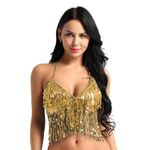 CHICTRY Women Halter Neck and Back Tie Up Bra Top with Sequins Tassel Costume Gold One Size