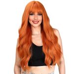 QUEENTAS Long Wavy Curly Hair Wig for Women Full Head Ginger Orange Wigs with Bangs Synthetic Hair Diwali Wig