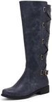 Syktkmx Womens Strappy Motorcycle Knee High Boots Winter Lace Up Riding Flat Low Heel Shoes, Navy, Size 9.5