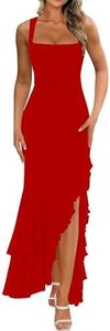BORIFLORS Women's Elegant Bodycon Ruched Maxi Cocktail Dress Mesh Sleeveless Mermaid Ruffle Beach Wedding Guest Long Dresses, Medium, Red