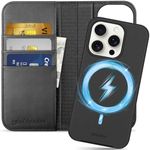 SHIELDON Case Wallet for iPhone 15 Pro, Genuine Leather Detachable Wireless Charging Flip Magnetic Kickstand RFID Blocking Card Slots Shockproof Cover Compatible with iPhone 15 Pro 6.1" - Black