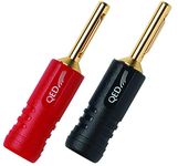 2 QED Screwloc Forte Gold Plated 4mm Banana Plugs for Loudspeakers and Amplifiers (1 Red 1 Black)