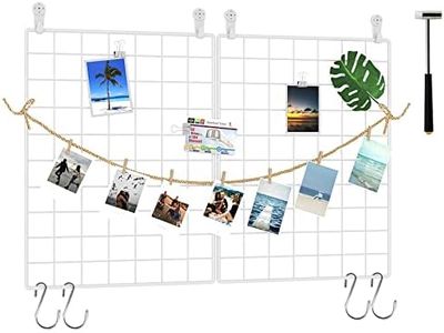 C&AHOME Photo Wall Panel, Wire Wall Grid, Wall Grid Panel, Grids Panel Set of 2, Decor Grid Panel, Photo Display Shelves, Hooks, Clips, Hemp Cord, Hammer, 15.7" × 11.8", White UWWGM3402W