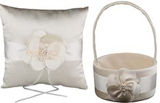 The Crafty Owl 2 Heart Rhinestones Ivory/White/Blue, Red, Purple, Black Trimming, Burlap,Pink Flowers or Champagne Satin Wedding Ring Bearer Pillow and Basket Set (Champagne 7" Pillow & Basket)