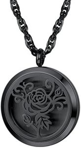 Diffuser Aromatherapy Necklace,Perfume Locket Pendant Charm,Delicate Rose Flower Hot Women Jewelry,Black Stainless Steel