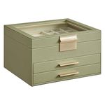 SONGMICS GISELLA Collection - Jewelry Box Organizer, 3-Layer Jewelry Storage with 2 Drawers, Shiny Metal Hardware, Glass Lid, Modern, 20.3 x 23.1 x 13.5 cm, Avocado Green and Gold Color UJBC239C02