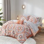 Madison Park Essentials Serenity Bed in a Bag Comforter Set, Medallion Damask Design, All Season Bedding with Cotton Sheet Set, Bedskirt, Queen(90"x90"), Coral 9 Piece