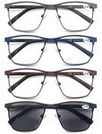 MODFANS 4 Pairs (Blue Light Blocking) Reading Glasses Men,Metal Frame Rectangle Style Stainless Steel Material Spring Hinges,Black-Grey-Blue-Brown