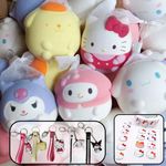 11 Pack, Hello Kitty and Friends, 5 Squishy Toys, 5 Keychains & 1 Roll (500 Stickers). Kuromi, My Melody, Cinnamoroll, Pompompurin. Gift Bundle, Cute Fidget, Stress Balls Suitable for Kids & Adults.