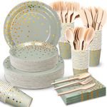 350PCS Green and Gold Party Supplies, Disposable Party Dinnerware Sets with Golden Dot Paper Plates Napkins Cups Cutlery for Baby Shower Wedding Birthday Graduation Party