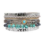 KunBead Silver Leather Sparkly Wrap Bracelets for Women Feather Handmade Braided Boho Multilayer Buckle Bracelet Wristband Cuff Bangle Boho Bohemian