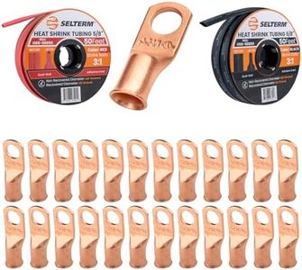 SELTERM 25pcs 2 AWG 3/8" Battery Lugs with 5/8" 50ft Black & Red Marine Grade Heat Shrink Tubing Roll, 3:1 Dual Wall Adhesive, Heavy Duty Bare Copper Wire Connectors for Battery Cable Ends & Terminals