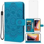 Bohefo Case for iPhone 6 Case, iPhone 6S Wallet Case with Tempered Glass Screen Protector, Embossed Mandala Leather Flip Credit Card Holder Stand Phone Cover Cases for Apple iPhone 6 Blue