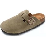 Women's Cow Suede Leather Clogs Summer Slip On Beach Mules Cork Footbed Sandals Potato Shoes with Arch Support and Adjustable Buckle Garden Slippers Army Green