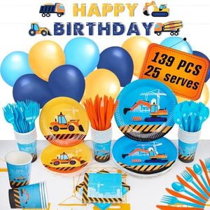 Construction Birthday Party Supplies Set | Baby Boy Toddler Kids Dump Truck Car Tractor Transportation Decorations – Cups Plates Signs Napkins Tablecloth – Decorations for Boys and Girls – Serves 25