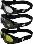 Birdz 3 Pairs of Bald Eagles Glossy Black Frame Motorcycle Goggles with Clear, Smoke and Yellow Tint Lenses