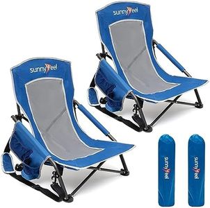 SUNNYFEEL Folding Low Camping Beach Chair 2 Pack, Lightweight Portable Lawn Chair with Mesh Back, Cup Holder for Outdoor/Travel/Picnic/Concert, Foldable Camp Backpack Chair with Carry Bag