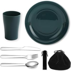 Evanda Camping Cutlery Set 5 Piece, Reusable Light Weight Mug, Plate and Stainless Steel Cutlery Set with Black Bag, for Camping 1 Person, Dishwasher Safe