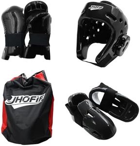 JHOFIF Martial Arts Karate Protective Sparring Gear Package Deal/Gift Adjustable Adults & Kids Headgear, UZJ Gloves & Kicks for MMA, Taekwondo, Boxing Training (Black, Medium)