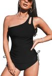 CUPSHE Women's Tankini Set Two Piece Swimsuit Bathing Suits Tummy Control One Shoulder Drawstring Top with Bottom, Black, Medium