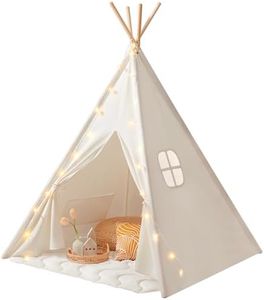 Tiny Land Large Kids Teepee Tent with Padded Mat & Light String & Carry Case-Kids Foldable Play Tent -Toys for 3,4,5,6 Year Old Girls, White Canvas Teepee Indoor Outdoor Games-Kids Playhouse-Kids Tent