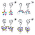 JeryWe Pretty Flower Rainbow Butterfly Dangle Earring Set Pink CZ Heart Screw Back Locking Hypoallergenic Earring for Women