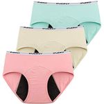 INNERSY Period Pants for Teenage Girls Menstrual Panties Cotton Leakproof knickers 3 Pack (8-10 Years, Pink/Green/Beige)