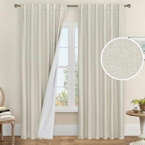 LAMIT 100% Black Out Linen Curtains, 84 Inch Linen Textured Living Room Farmhouse Curtains Room Darkening Back Tab and Rod Pocket Burlap Neutral Panels with White Liner, 2 Panels, 52 x 84 Inch, Stone